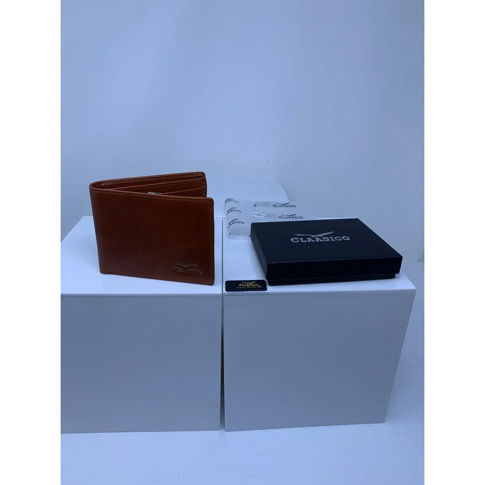 Claasico Mens OS Tan Leather RFID Blocking Slim Bifold Wallet NWB